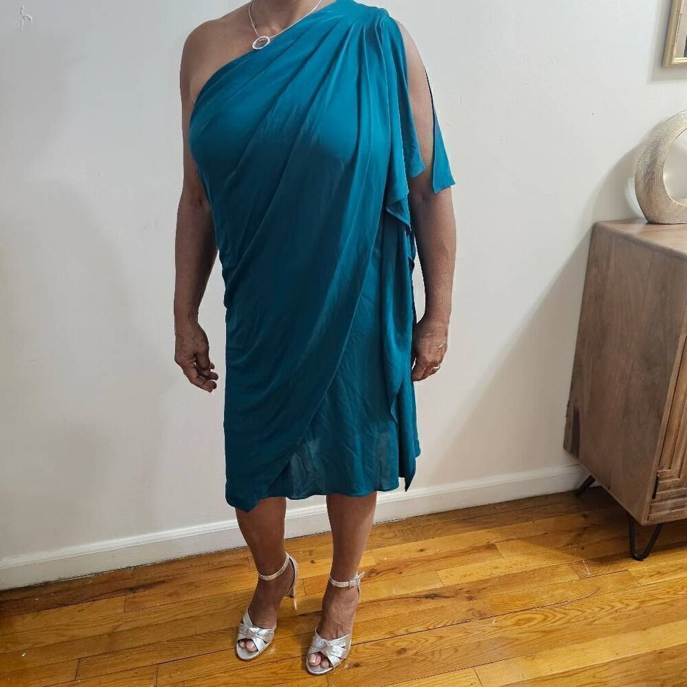Mack and James Badgley Mischka Green One Shoulder Midi Dress Extra Small - Picture 5 of 9